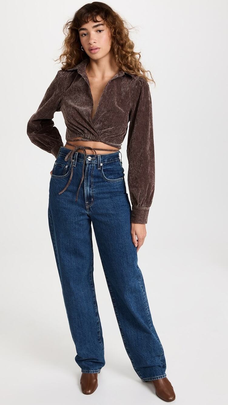 En Saison Route Wrap Brown Corduroy Wrap V-Neck Long Sleeve Crop Blouse XS